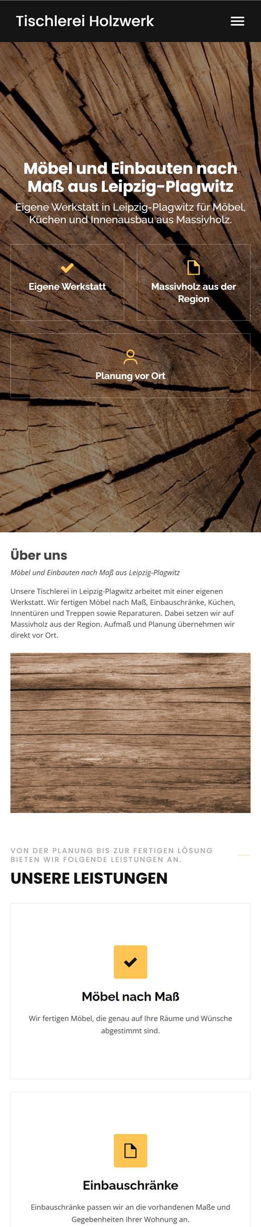 Beispiel-Website „Tischlerei Holzwerk“ auf dem Smartphone