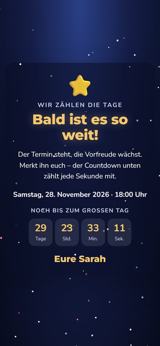 Countdown-Karte auf dem Smartphone: Überschrift „Bald ist es so weit!“, darunter 29 Tage, 23 Stunden und 33 Minuten bis zum Termin am 28. November